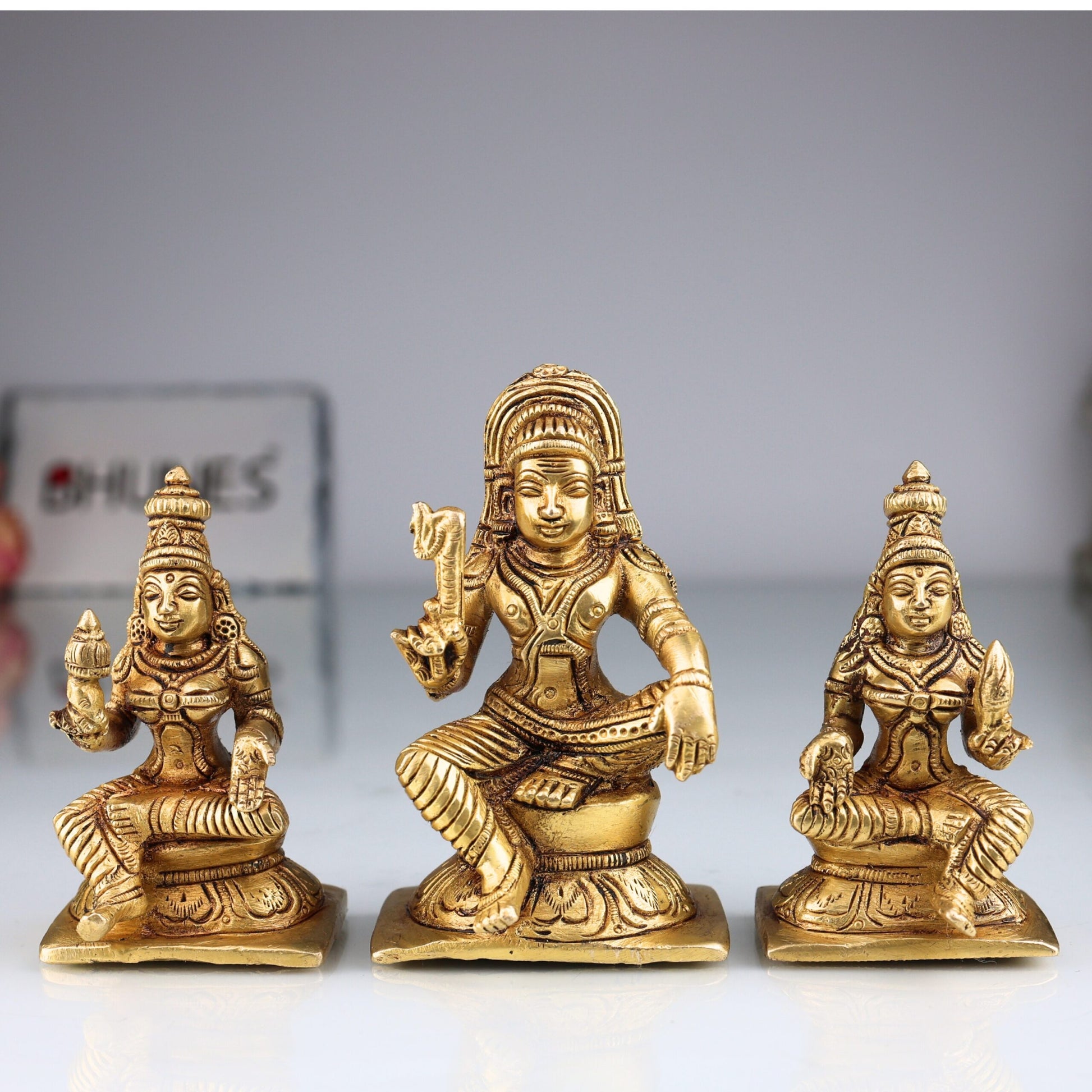 Brass Aiyanar with Poorna & Pushkala Idol, Dharma Shasta Sastha Kuladeivam Gramadevata Kaaval Deivam Village Guardian God Statue, Gold, 4 Inch, 1 Piece