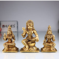 Brass Aiyanar with Poorna & Pushkala Idol, Dharma Shasta Sastha Kuladeivam Gramadevata Kaaval Deivam Village Guardian God Statue, Gold, 4 Inch, 1 Piece