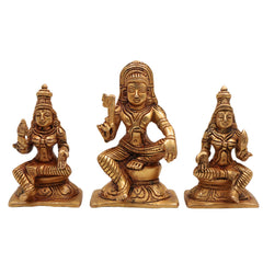 Brass Aiyanar with Poorna & Pushkala Idol, Dharma Shasta Sastha Kuladeivam Gramadevata Kaaval Deivam Village Guardian God Statue, Gold, 4 Inch, 1 Piece