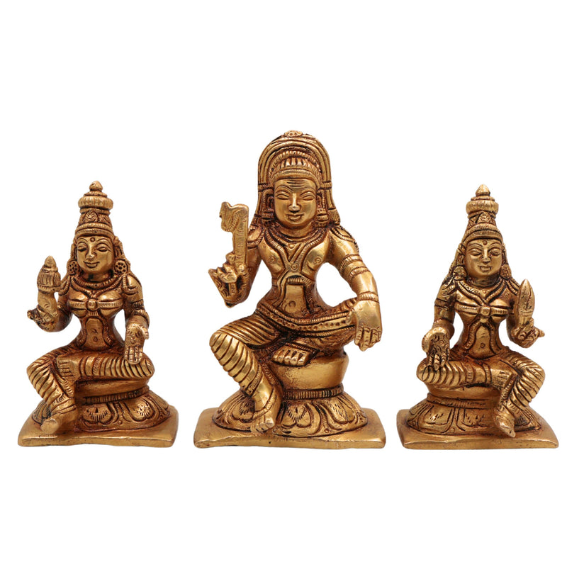 Brass Aiyanar with Poorna & Pushkala Idol, Dharma Shasta Sastha Kuladeivam Gramadevata Kaaval Deivam Village Guardian God Statue, Gold, 4 Inch, 1 Piece