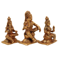 Brass Aiyanar with Poorna & Pushkala Idol, Dharma Shasta Sastha Kuladeivam Gramadevata Kaaval Deivam Village Guardian God Statue, Gold, 4 Inch, 1 Piece