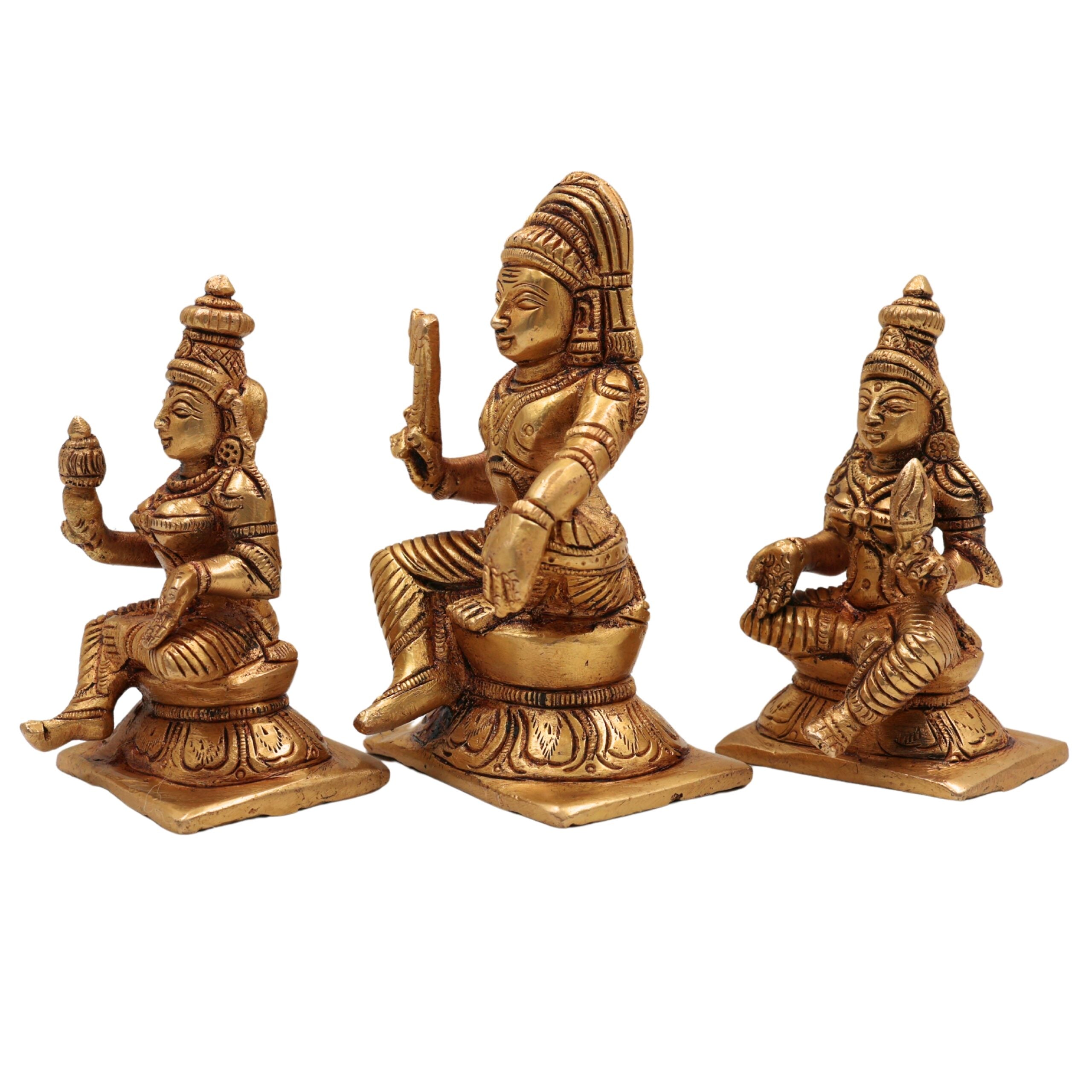 Brass Aiyanar with Poorna & Pushkala Idol, Dharma Shasta Sastha Kuladeivam Gramadevata Kaaval Deivam Village Guardian God Statue, Gold, 4 Inch, 1 Piece