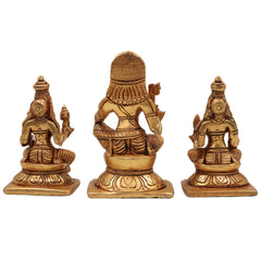 Brass Aiyanar with Poorna & Pushkala Idol, Dharma Shasta Sastha Kuladeivam Gramadevata Kaaval Deivam Village Guardian God Statue, Gold, 4 Inch, 1 Piece