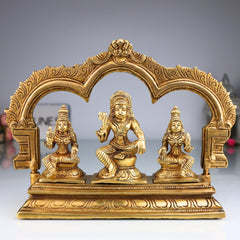 Brass Ayyanar Shasta Idol with Poorna & Pushkala | Dharma Sastha Kuladeivam Gramadevata | Tamil Kaaval Deivam with Peetam & Prabhavali, Gold, 7.5 Inch, 1 Piece