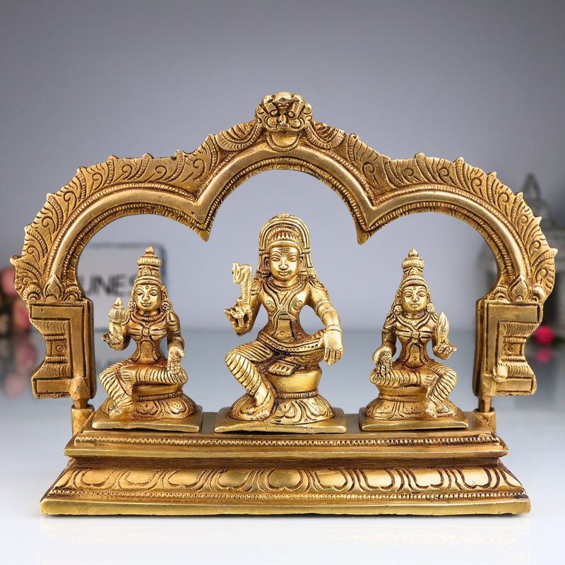 Brass Ayyanar Shasta Idol with Poorna & Pushkala | Dharma Sastha Kuladeivam Gramadevata | Tamil Kaaval Deivam with Peetam & Prabhavali, Gold, 7.5 Inch, 1 Piece