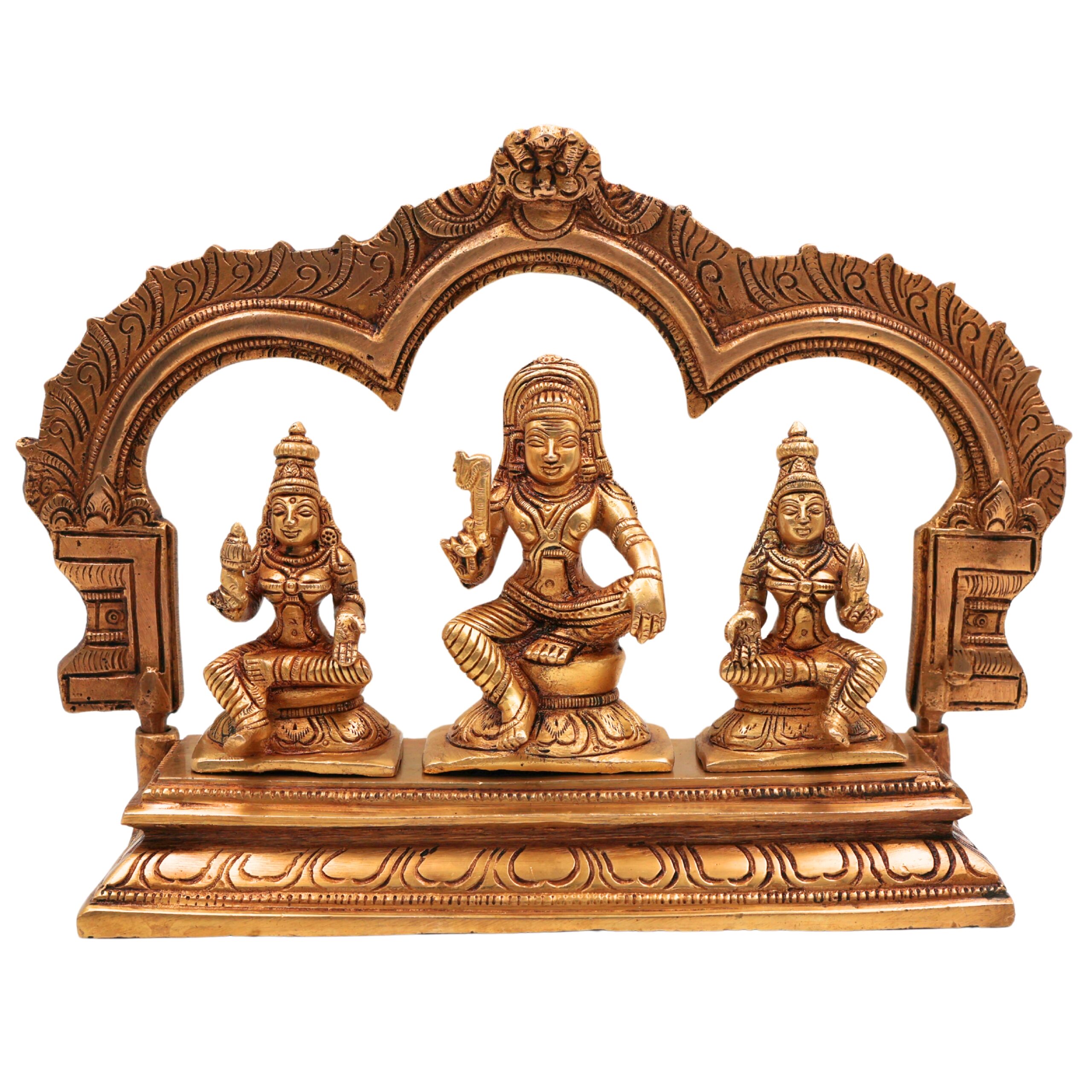 Brass Ayyanar Shasta Idol with Poorna & Pushkala | Dharma Sastha Kuladeivam Gramadevata | Tamil Kaaval Deivam with Peetam & Prabhavali, Gold, 7.5 Inch, 1 Piece