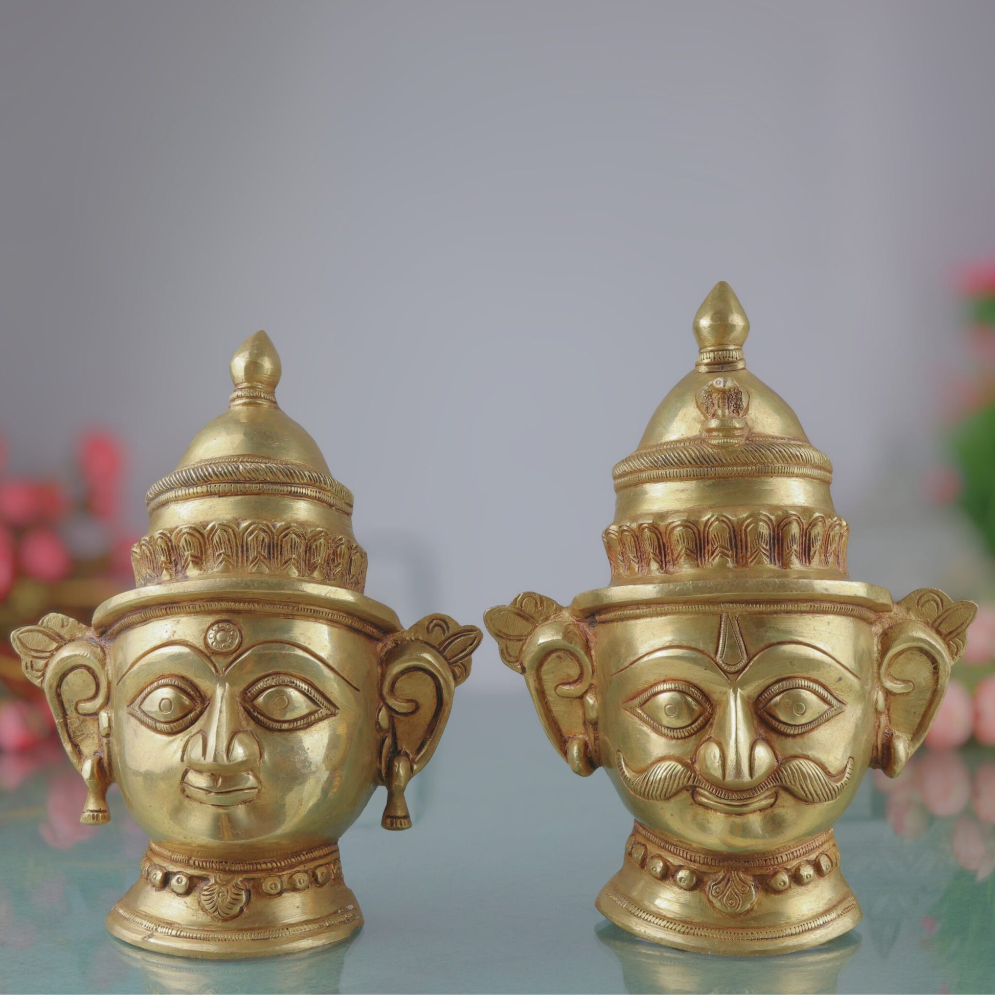 Brass Shiv Parvati Head Idol, Sivaparvathi Pital Face Statue, Handmade Pittal Uma Gauri Murti for Home Decor & Puja, Gold, 9 Inch, 1 Piece