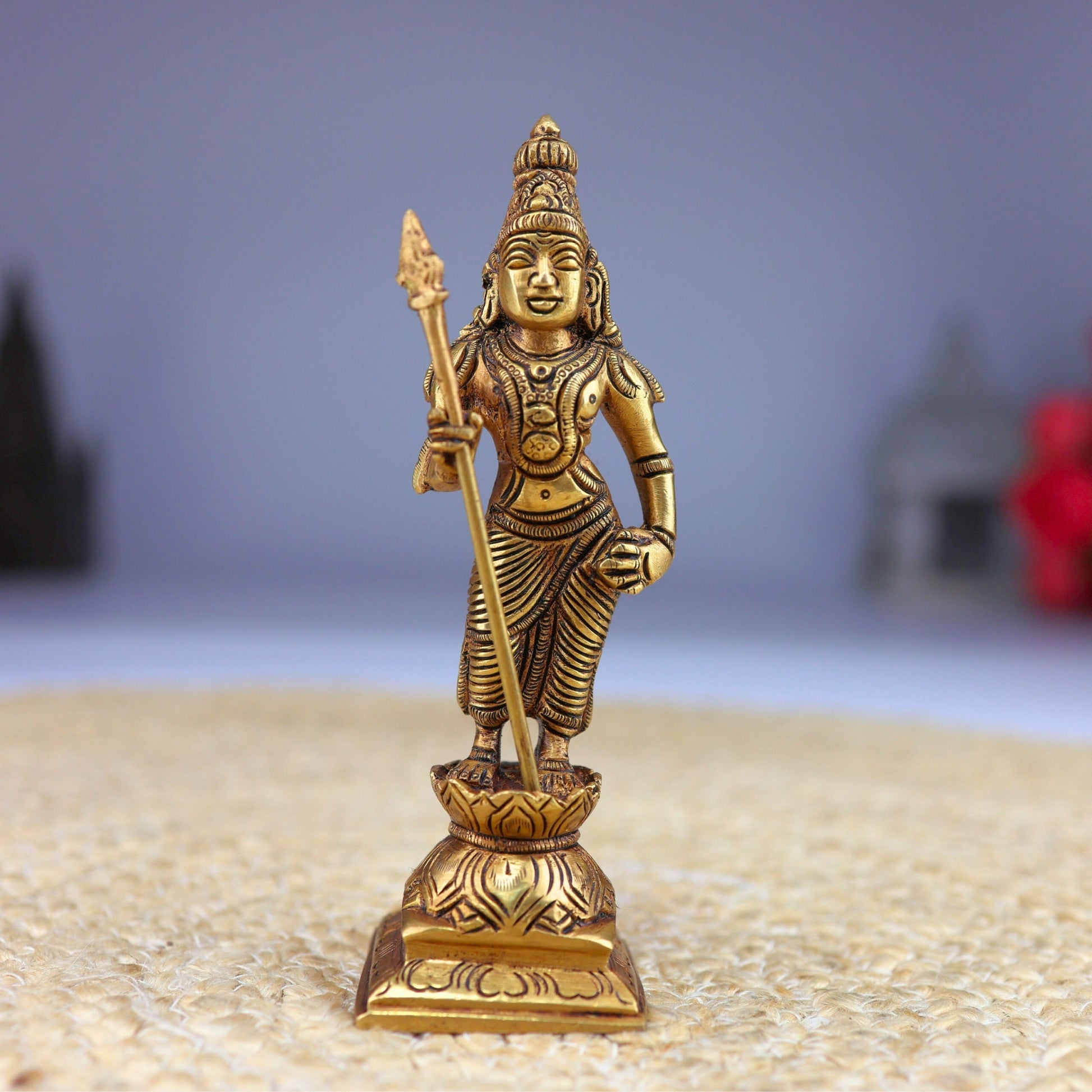 Premium Brass Lord Murugan Standing on Lotus Idol – Kartikeya | Skanda | Subramanya | Shanmukha | Kumara Swamy Pital Statue for Pooja & Home Decor, Gold, 6 Inch, 1 Piece