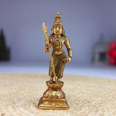 Premium Brass Lord Murugan Standing on Lotus Idol – Kartikeya | Skanda | Subramanya | Shanmukha | Kumara Swamy Pital Statue for Pooja & Home Decor, Gold, 6 Inch, 1 Piece