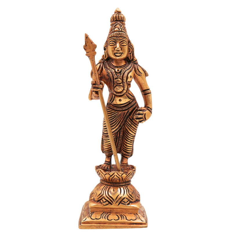 Premium Brass Lord Murugan Standing on Lotus Idol – Kartikeya | Skanda | Subramanya | Shanmukha | Kumara Swamy Pital Statue for Pooja & Home Decor, Gold, 6 Inch, 1 Piece