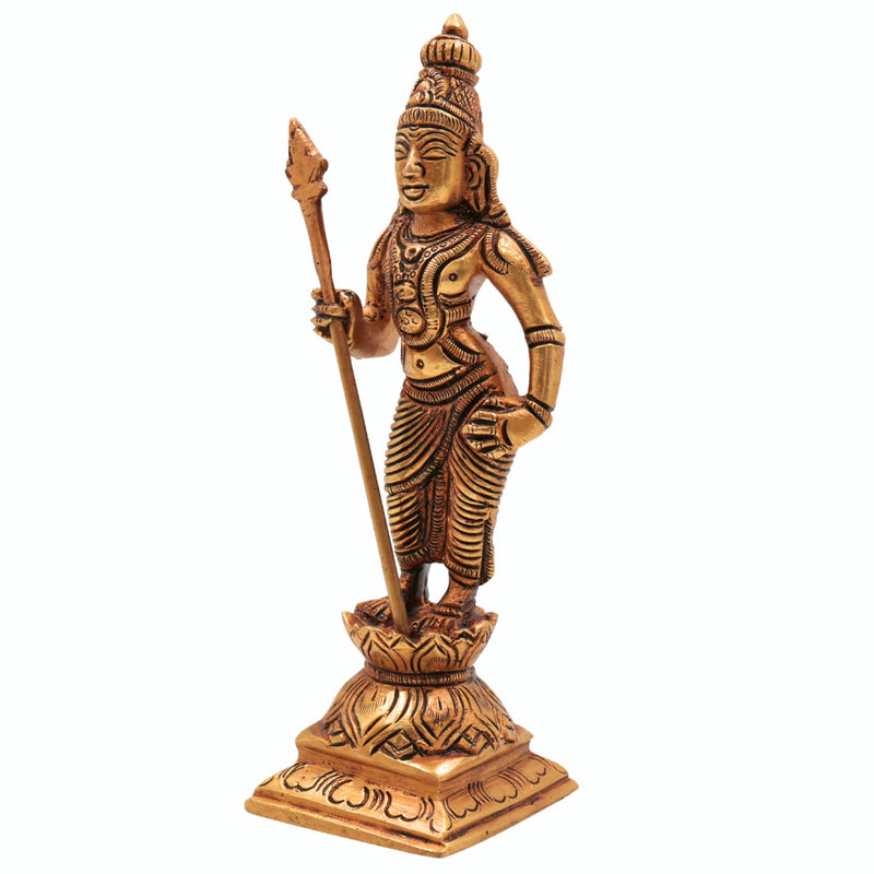 Premium Brass Lord Murugan Standing on Lotus Idol – Kartikeya | Skanda | Subramanya | Shanmukha | Kumara Swamy Pital Statue for Pooja & Home Decor, Gold, 6 Inch, 1 Piece