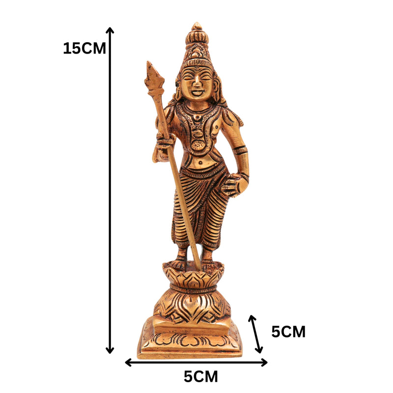 Premium Brass Lord Murugan Standing on Lotus Idol – Kartikeya | Skanda | Subramanya | Shanmukha | Kumara Swamy Pital Statue for Pooja & Home Decor, Gold, 6 Inch, 1 Piece