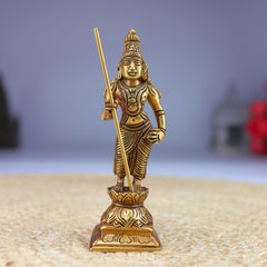 Brass Murugan Idol | Kartikeya Skanda Kumara Shanmukha Subrahmanya Murti | Vel Murugan Sculpture for Pooja, Home Decor & Gifts, Gold, 6 Inch, 1 Piece