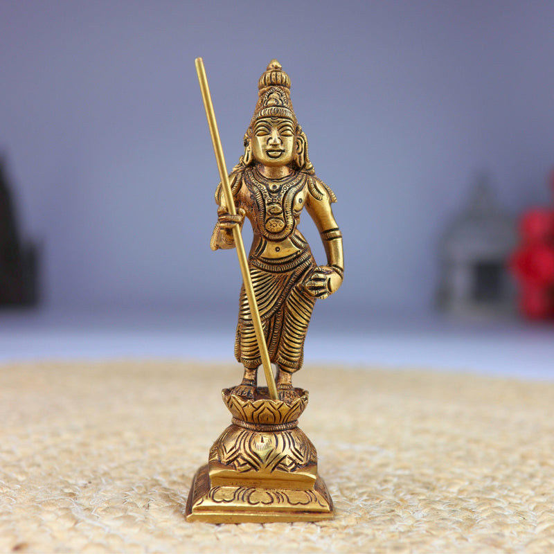 Brass Murugan Idol | Kartikeya Skanda Kumara Shanmukha Subrahmanya Murti | Vel Murugan Sculpture for Pooja, Home Decor & Gifts, Gold, 6 Inch, 1 Piece