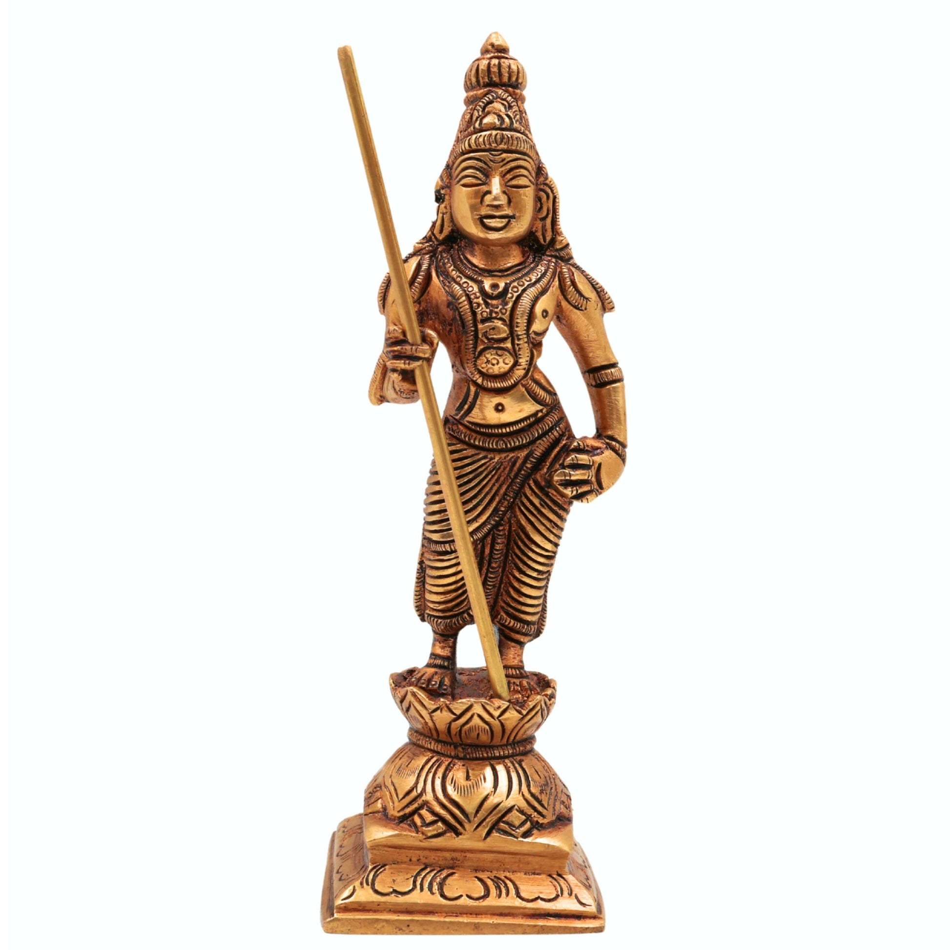 Brass Murugan Idol | Kartikeya Skanda Kumara Shanmukha Subrahmanya Murti | Vel Murugan Sculpture for Pooja, Home Decor & Gifts, Gold, 6 Inch, 1 Piece