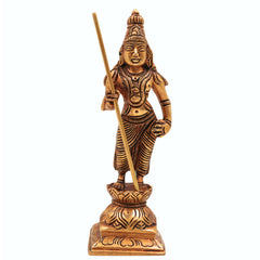 Brass Murugan Idol | Kartikeya Skanda Kumara Shanmukha Subrahmanya Murti | Vel Murugan Sculpture for Pooja, Home Decor & Gifts, Gold, 6 Inch, 1 Piece