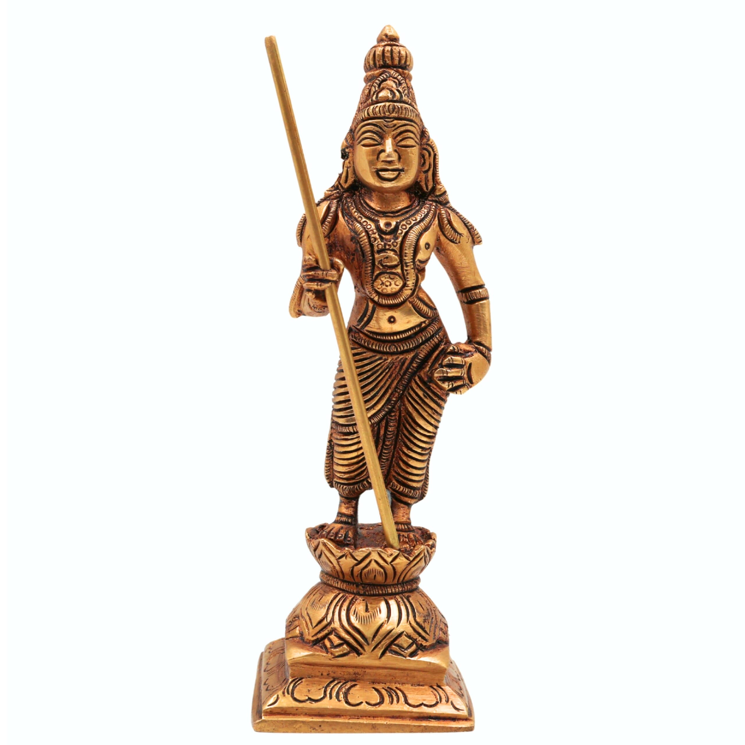 Brass Murugan Idol | Kartikeya Skanda Kumara Shanmukha Subrahmanya Murti | Vel Murugan Sculpture for Pooja, Home Decor & Gifts, Gold, 6 Inch, 1 Piece