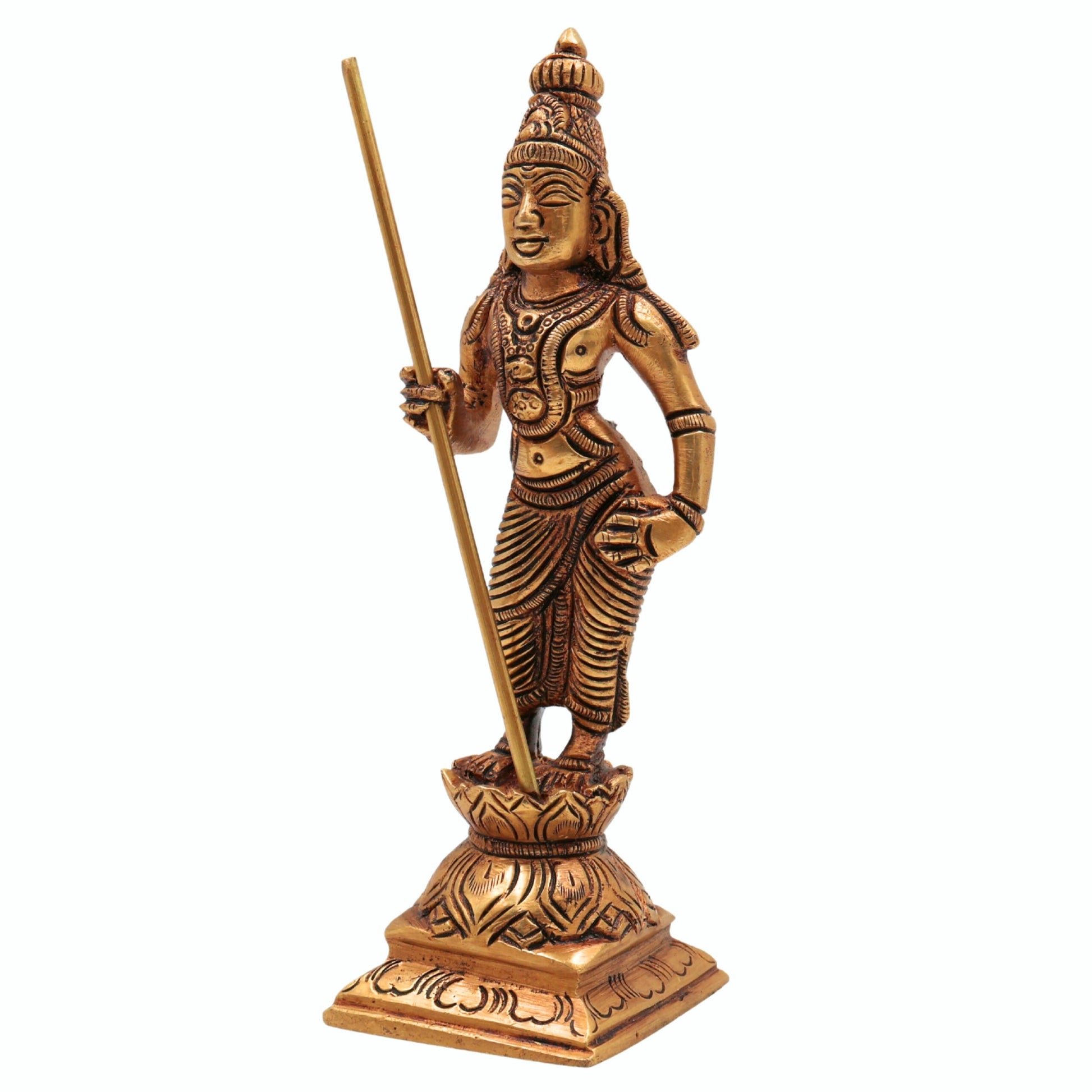 Brass Murugan Idol | Kartikeya Skanda Kumara Shanmukha Subrahmanya Murti | Vel Murugan Sculpture for Pooja, Home Decor & Gifts, Gold, 6 Inch, 1 Piece