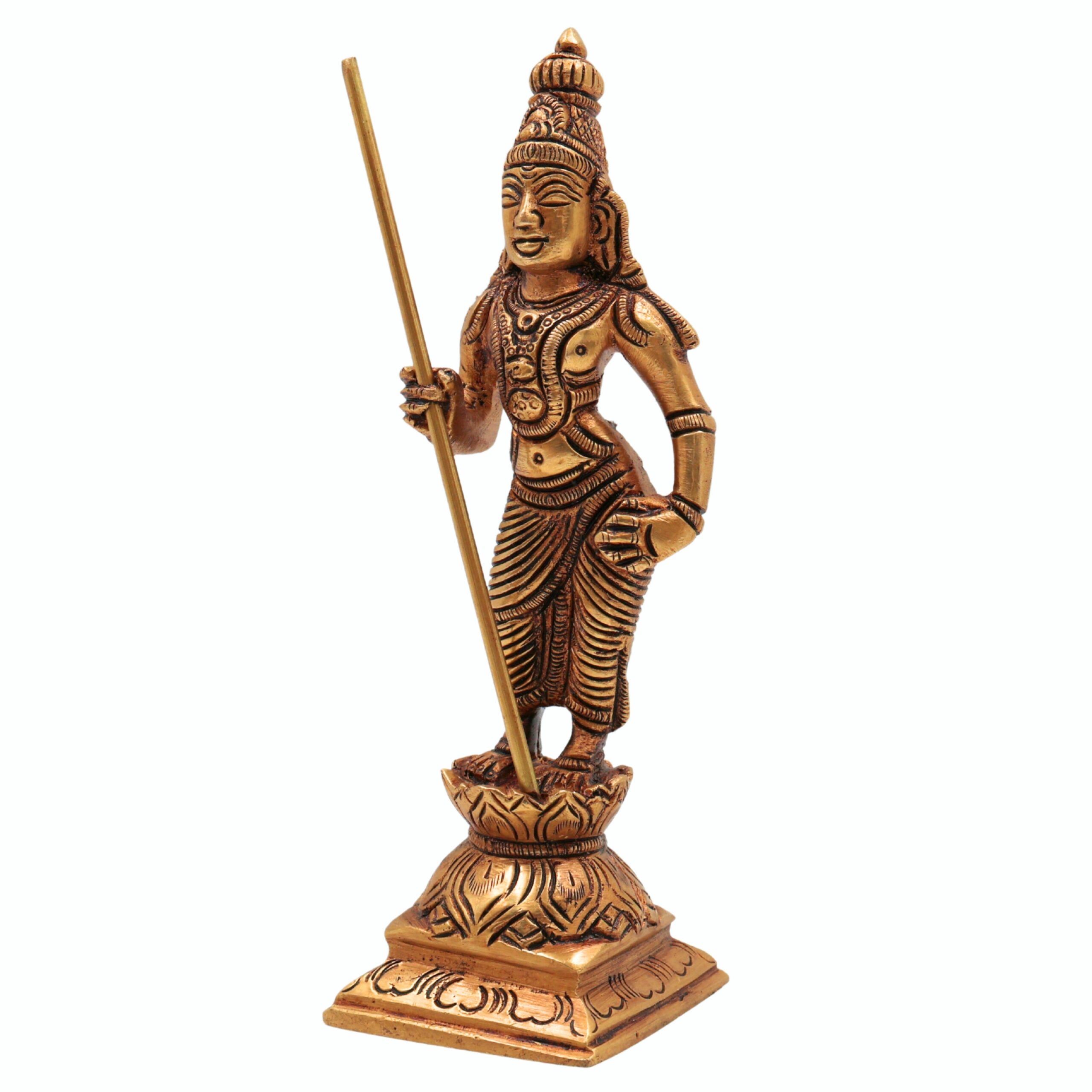 Brass Murugan Idol | Kartikeya Skanda Kumara Shanmukha Subrahmanya Murti | Vel Murugan Sculpture for Pooja, Home Decor & Gifts, Gold, 6 Inch, 1 Piece