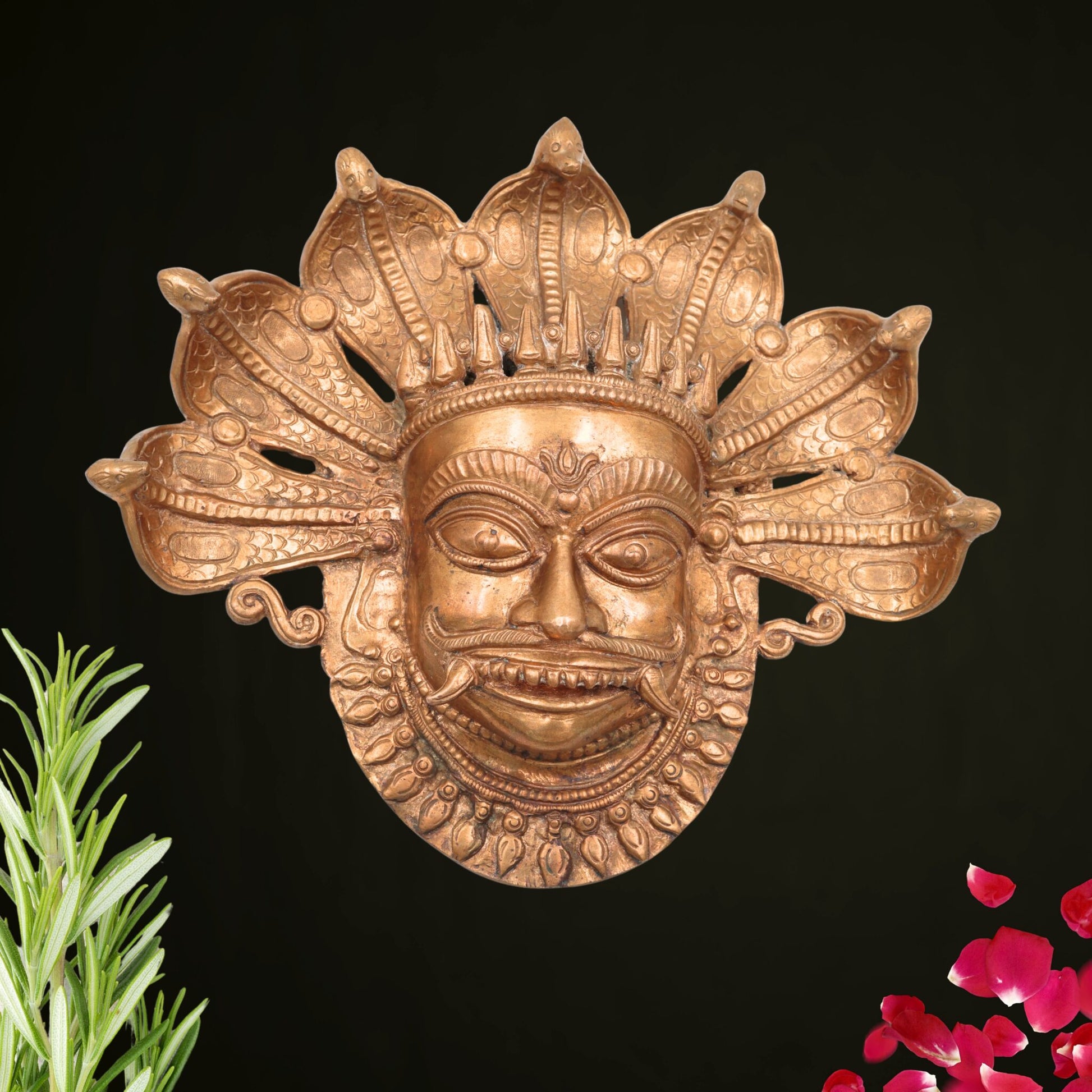 Handcrafted Panchaloha Kaal Bhairav face Idol | Bronze Kala Bhairava | Batuk, Kapala & Ugra Bhairava Murti | South Indian Chola Art,Gold, 9 Inch, 1 Piece