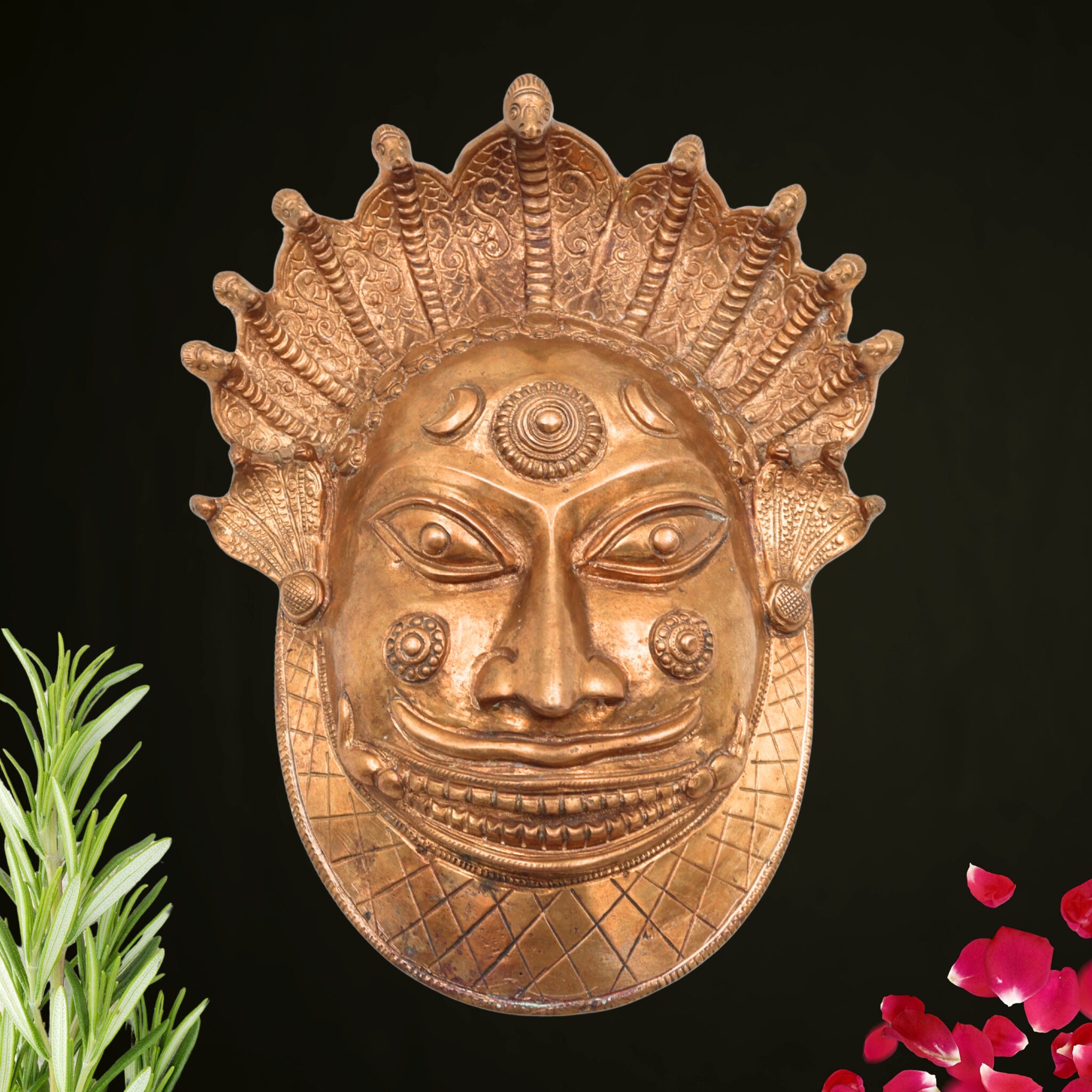Handcrafted Bronze Bhairava face Idol – Kala Bhairava, Kapala Bhairava, Ugra Bhairava Panchaloha Sculpture for Home Temple & Decor,Gold, 8.5 Inch, 1 Piece