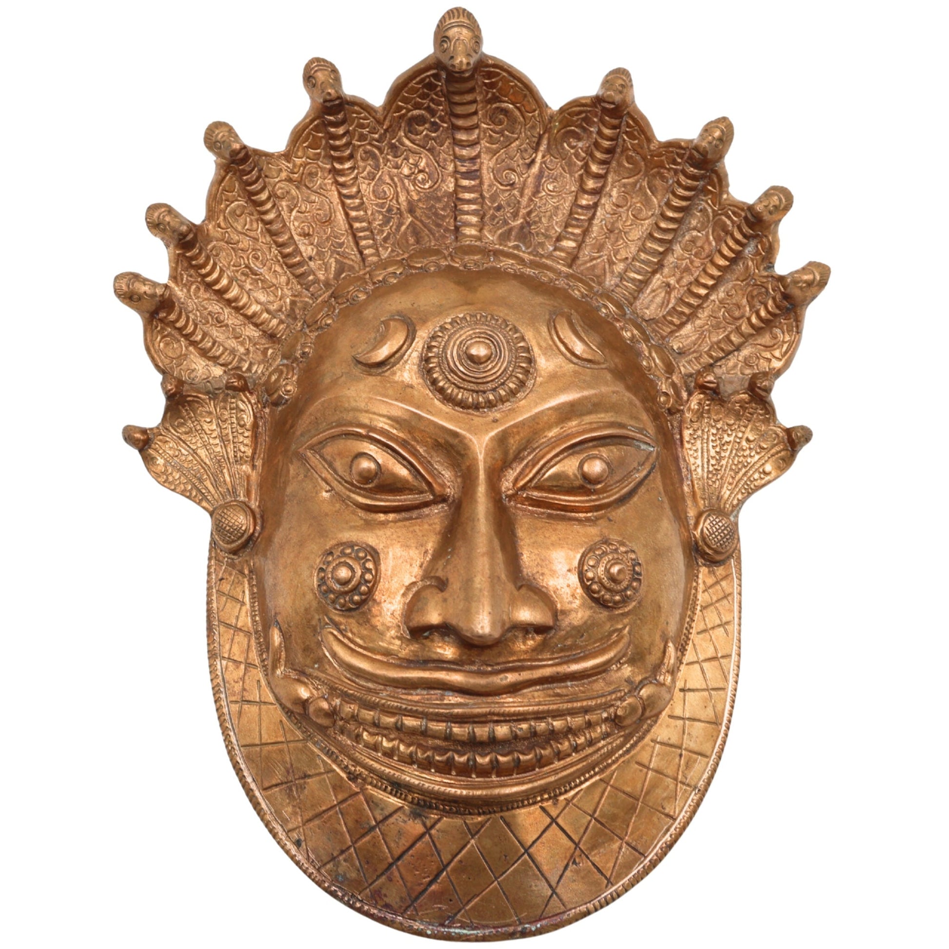 Handcrafted Bronze Bhairava face Idol – Kala Bhairava, Kapala Bhairava, Ugra Bhairava Panchaloha Sculpture for Home Temple & Decor,Gold, 8.5 Inch, 1 Piece
