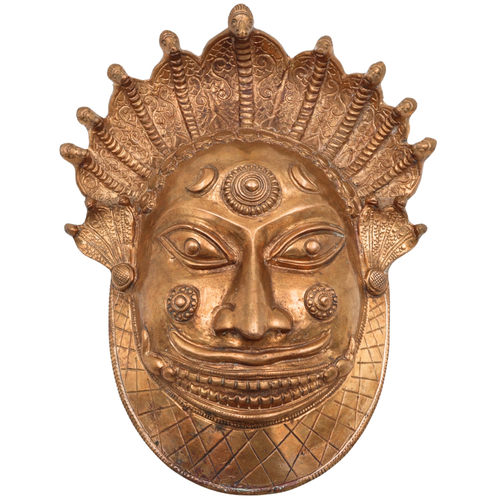 Handcrafted Bronze Bhairava face Idol – Kala Bhairava, Kapala Bhairava, Ugra Bhairava Panchaloha Sculpture for Home Temple & Decor,Gold, 8.5 Inch, 1 Piece