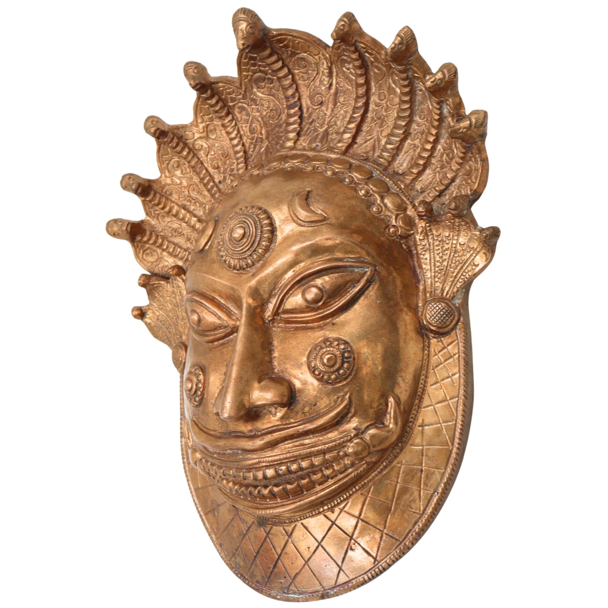 Handcrafted Bronze Bhairava face Idol – Kala Bhairava, Kapala Bhairava, Ugra Bhairava Panchaloha Sculpture for Home Temple & Decor,Gold, 8.5 Inch, 1 Piece