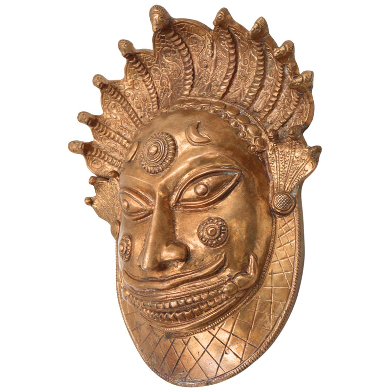 Handcrafted Bronze Bhairava face Idol – Kala Bhairava, Kapala Bhairava, Ugra Bhairava Panchaloha Sculpture for Home Temple & Decor,Gold, 8.5 Inch, 1 Piece