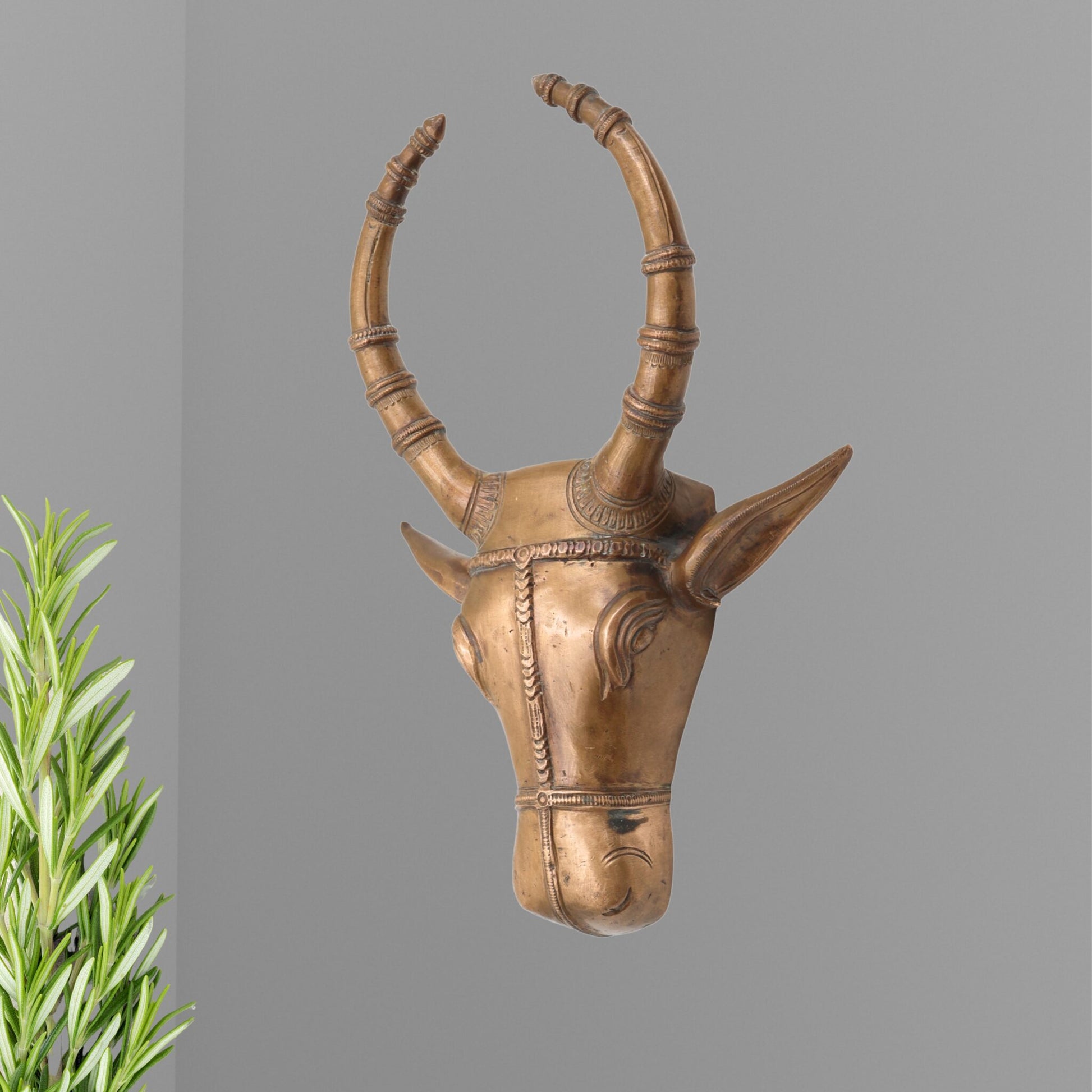 Handcrafted Bronze Nandi Idol | Panchaloha Nandhi Murti | Devotional Bull Head Sculpture for Pooja & Temple Decor,Gold, 10 Inch, 1 Piece