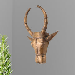Handcrafted Bronze Nandi Idol | Panchaloha Nandhi Murti | Devotional Bull Head Sculpture for Pooja & Temple Decor,Gold, 10 Inch, 1 Piece