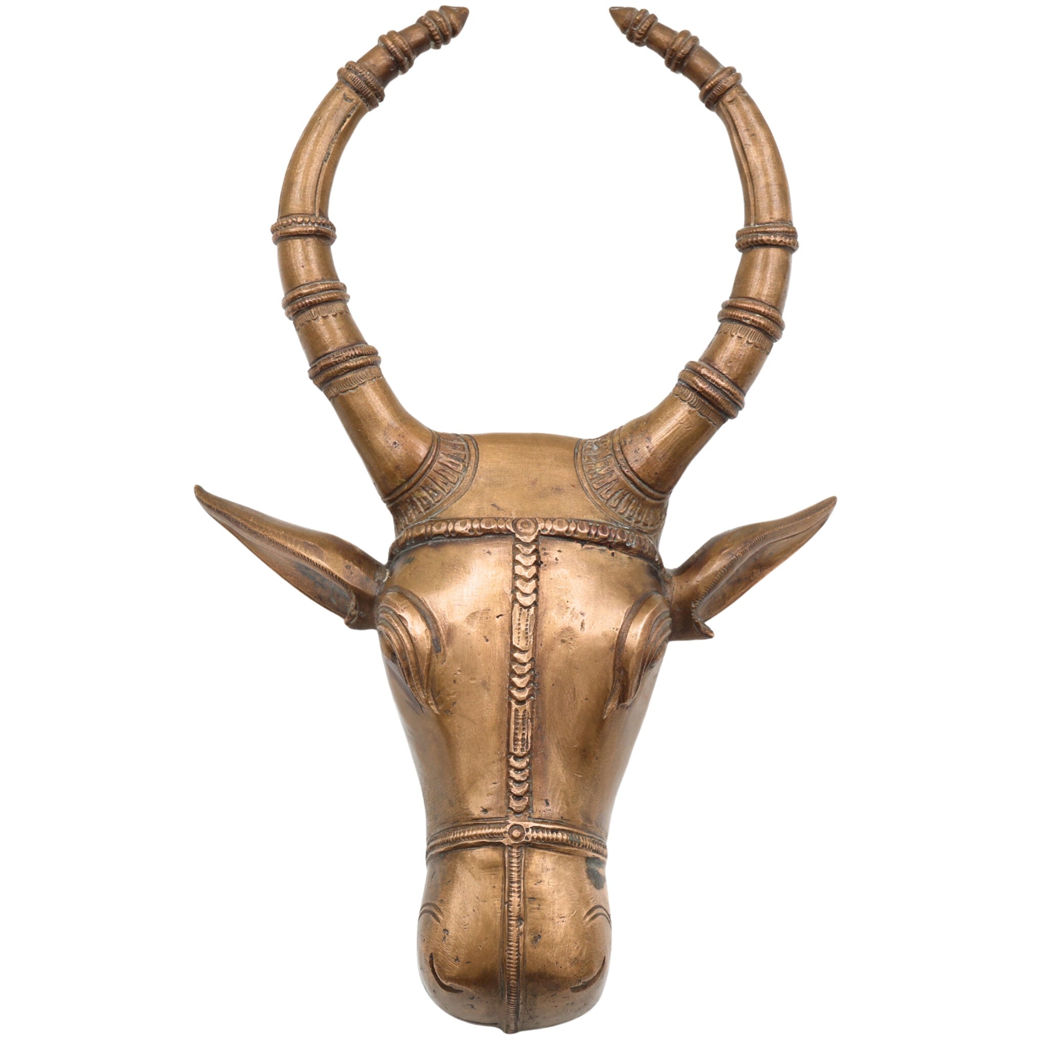 Handcrafted Bronze Nandi Idol | Panchaloha Nandhi Murti | Devotional Bull Head Sculpture for Pooja & Temple Decor,Gold, 10 Inch, 1 Piece