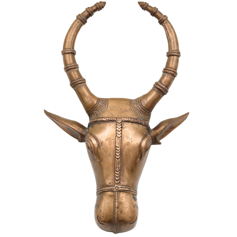 Handcrafted Bronze Nandi Idol | Panchaloha Nandhi Murti | Devotional Bull Head Sculpture for Pooja & Temple Decor,Gold, 10 Inch, 1 Piece