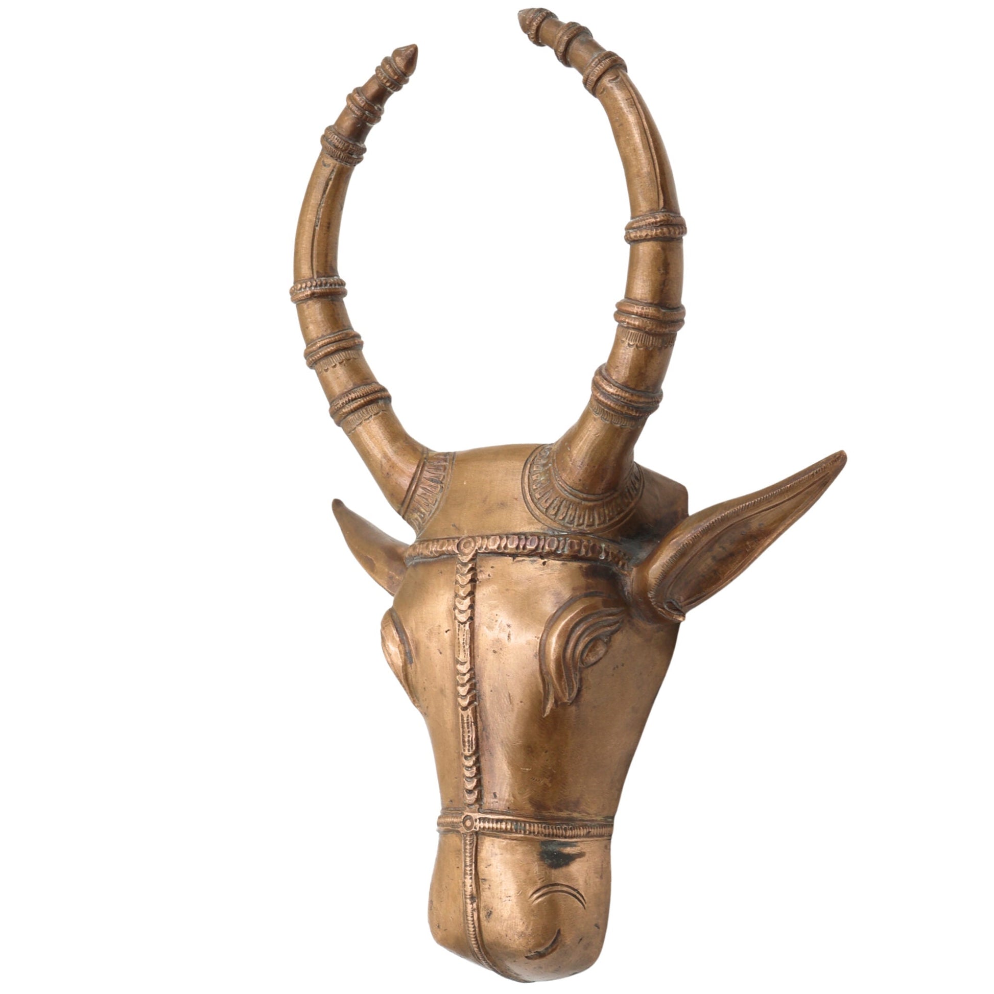 Handcrafted Bronze Nandi Idol | Panchaloha Nandhi Murti | Devotional Bull Head Sculpture for Pooja & Temple Decor,Gold, 10 Inch, 1 Piece