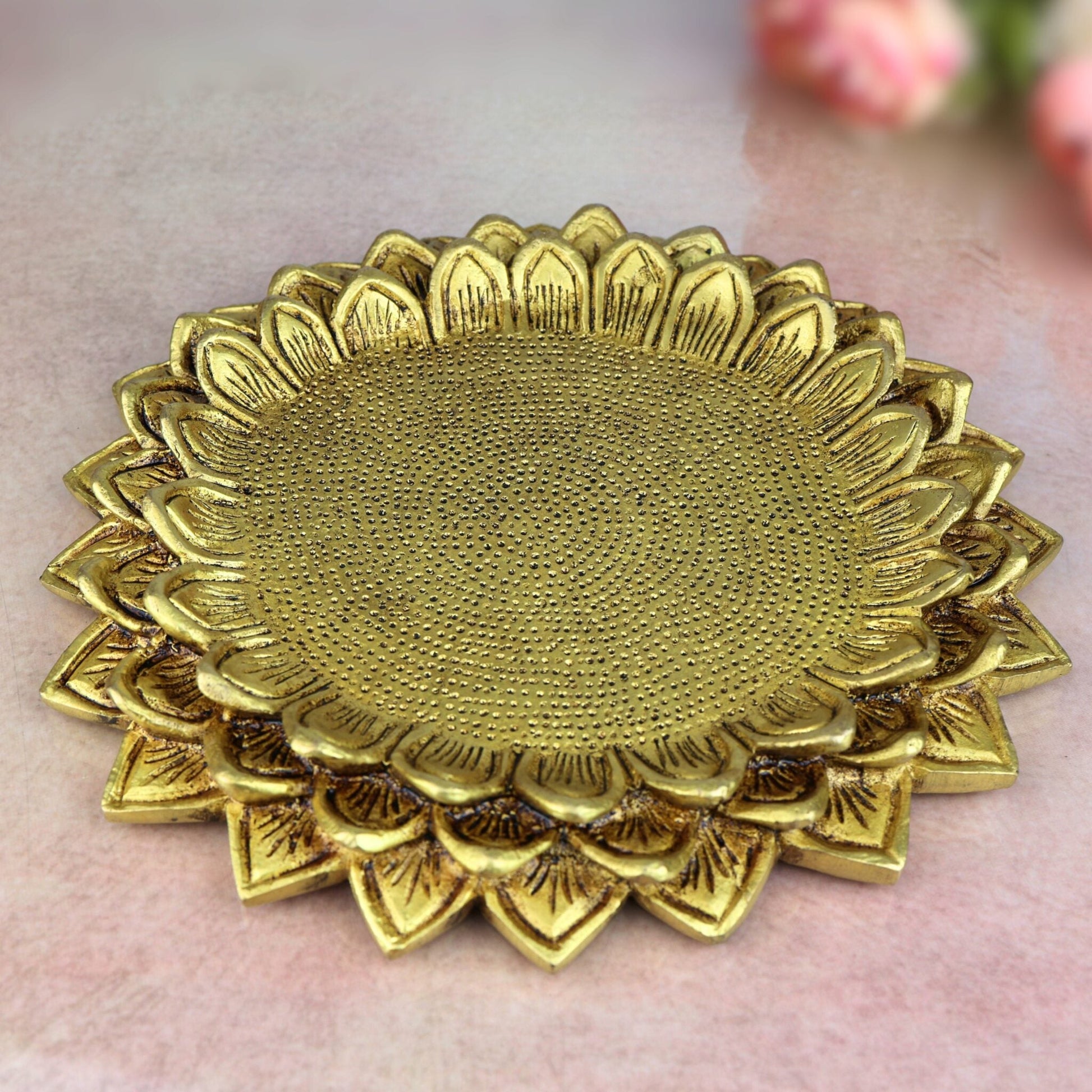 Brass Handmade Lotus Shaped Pooja Chowki for God Idols, Kalash, Temples, Durable, Decorative Peetha Singhasan for Rituals and Worship, Gold, 1 Inch, 1 Piece
