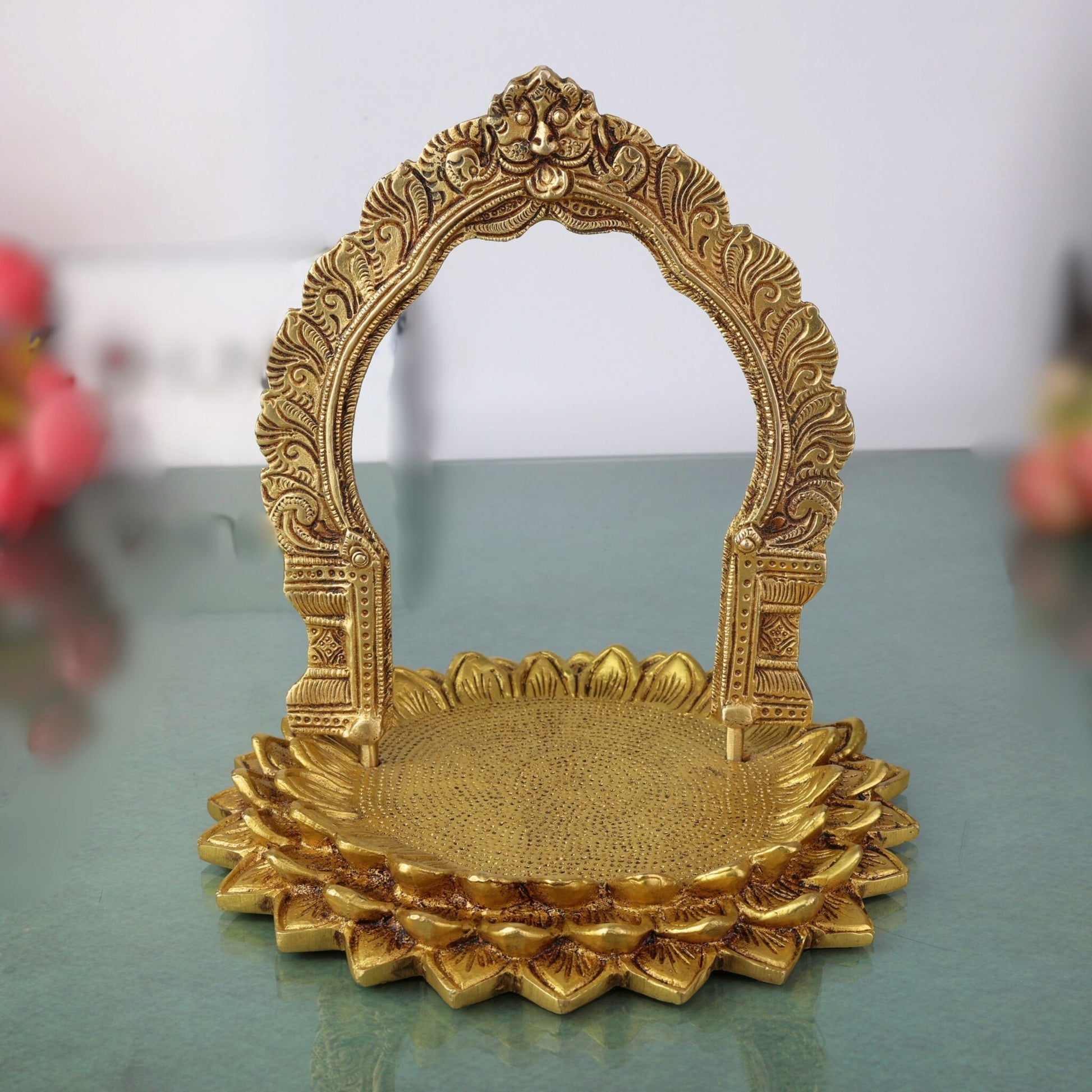 Brass Pooja Chowki with Prabhavali for Home Temple, Mandir Stand, Deity Idol Stand, Handmade Spiritual Puja Mandap, Decorative Brass Peetha, Rustproof Brass Chowki,Gold, 8 Inch, 1 Piece
