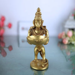 Brass Yali Lamp, Lion Holding Vilakku, Peetal Pital Pittal Deepam, Traditional South Indian Pooja Deepa, Gold, 8 Inch, 1 Piece