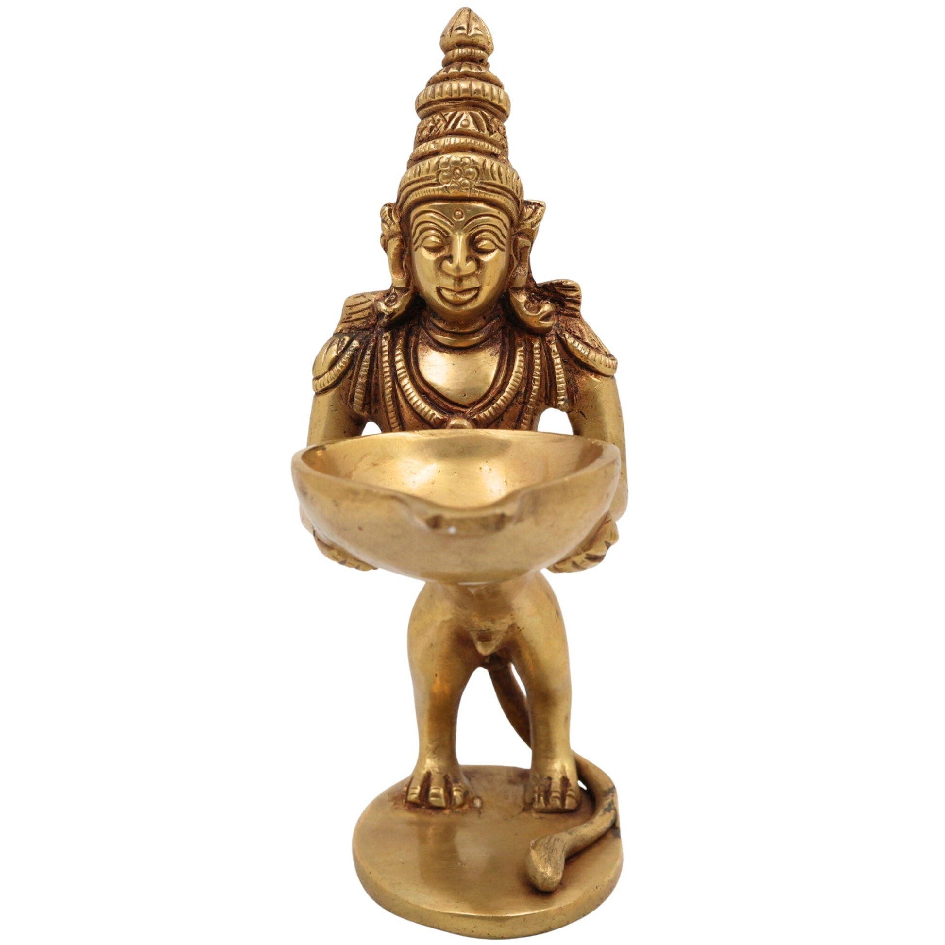 Brass Yali Lamp, Lion Holding Vilakku, Peetal Pital Pittal Deepam, Traditional South Indian Pooja Deepa, Gold, 8 Inch, 1 Piece