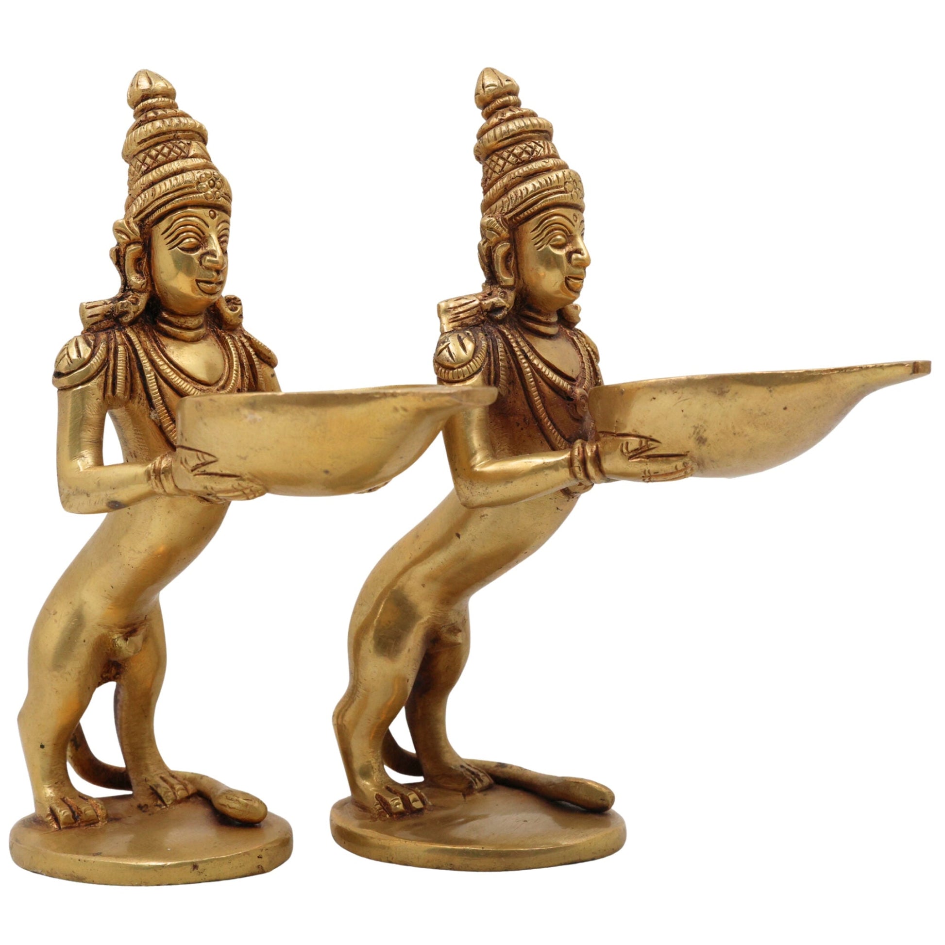 Brass Yali Lamp Idol, Handcrafted Lion Holding Vilakku Deepam, Traditional Pital Peetal Pittal Yali Deepa, South Indian Temple Brass Deepak, Gold, 8 Inch, 1 Piece