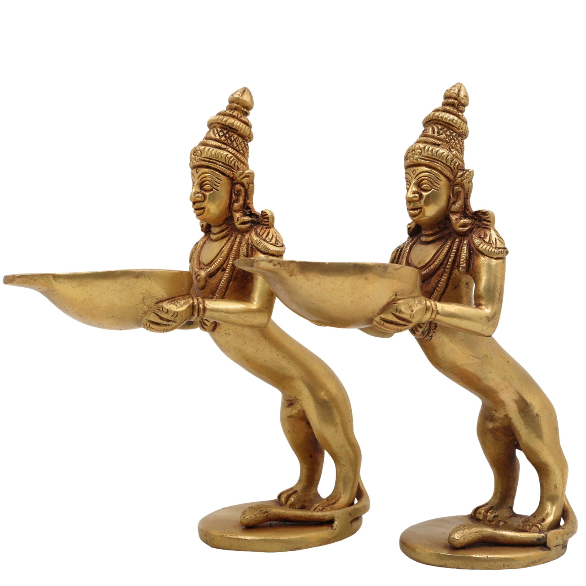Brass Yali Lamp Idol, Handcrafted Lion Holding Vilakku Deepam, Traditional Pital Peetal Pittal Yali Deepa, South Indian Temple Brass Deepak, Gold, 8 Inch, 1 Piece