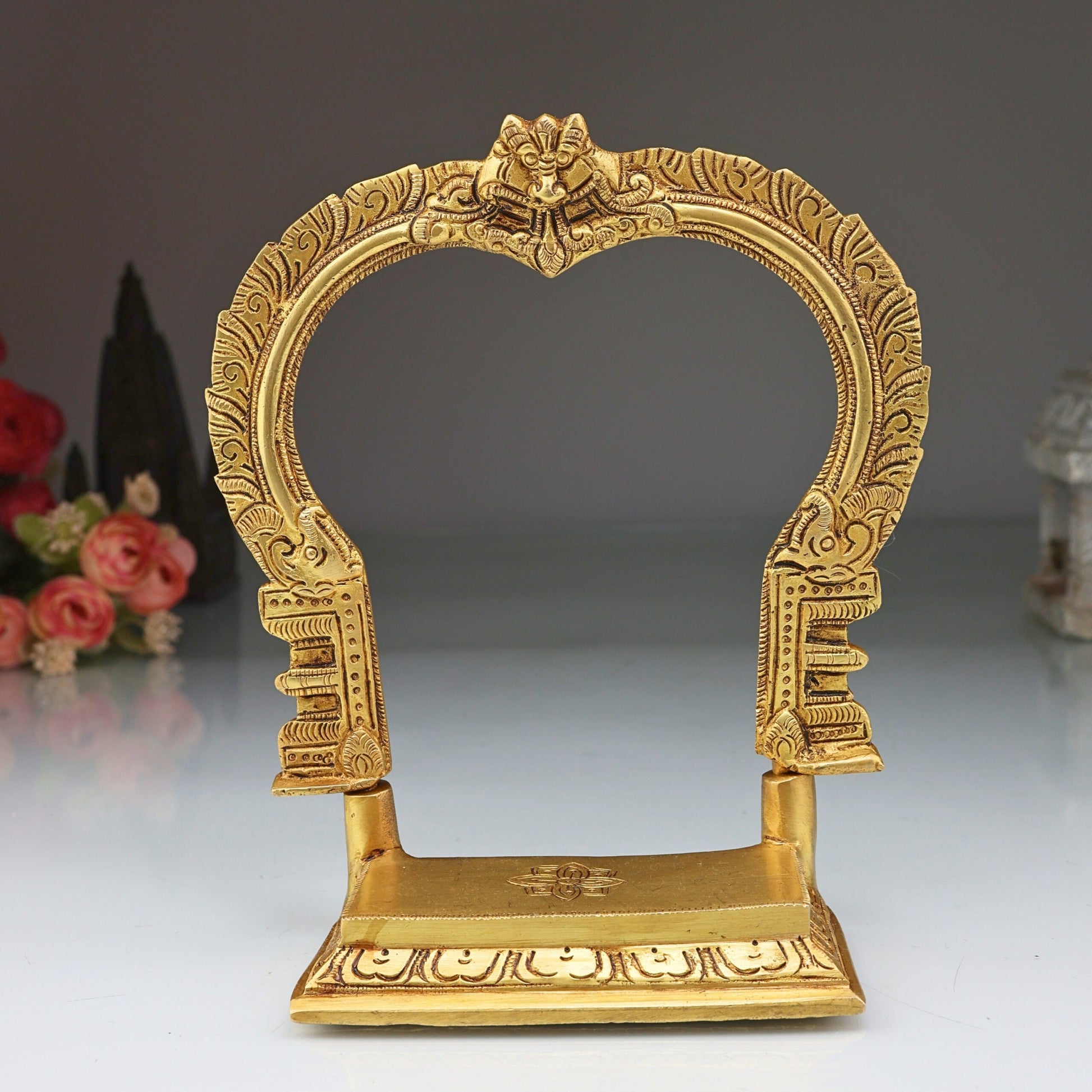 Brass Shinghashan Chowki with Prabhavali, Handmade Peetha, Singhasan, Bajot Stand for Temple, Deity Idol Frame, Mandir Decor, Gold, 8 Inch, 1 Piece