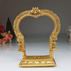 Brass Shinghashan Chowki with Prabhavali, Handmade Peetha, Singhasan, Bajot Stand for Temple, Deity Idol Frame, Mandir Decor, Gold, 8 Inch, 1 Piece