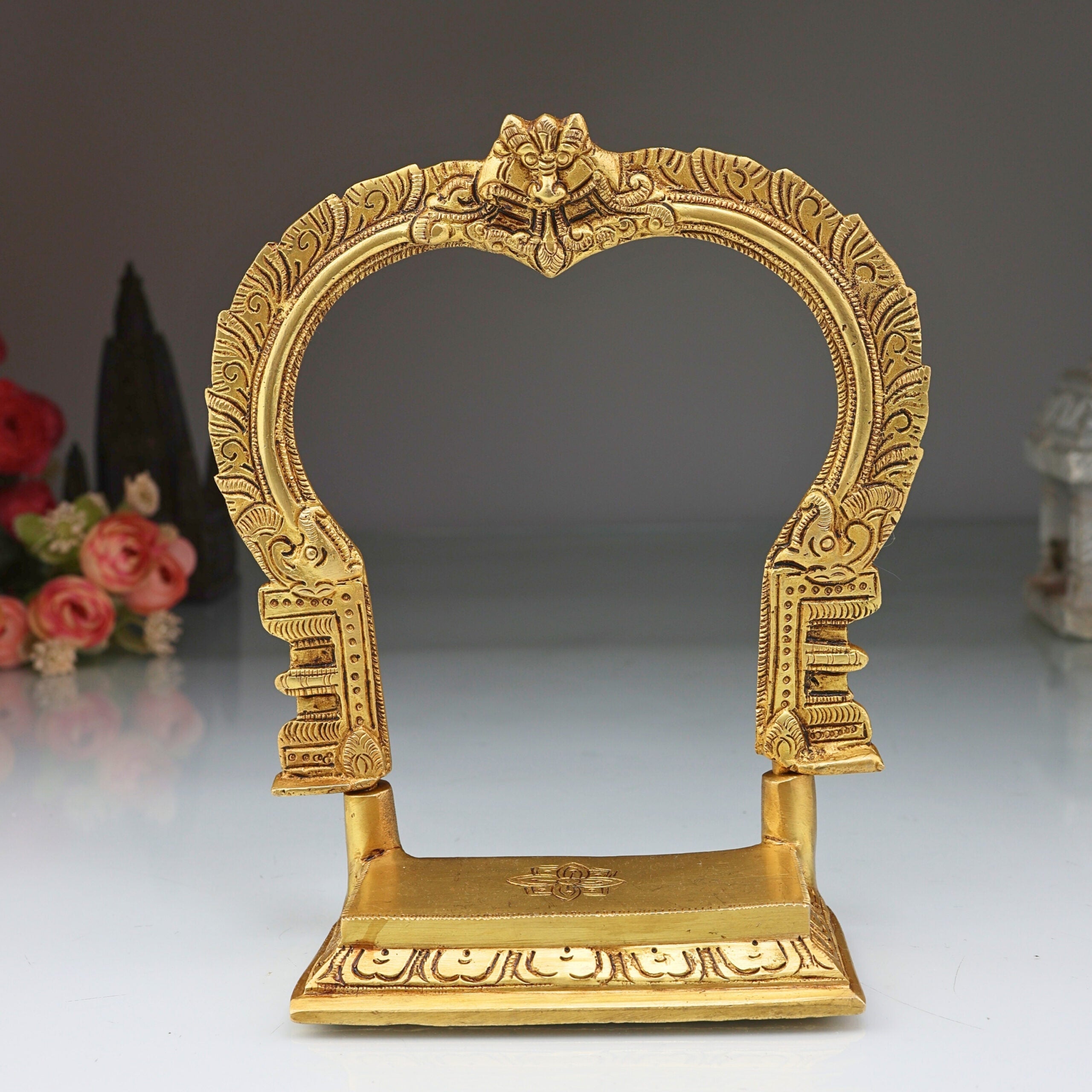 Brass Shinghashan Chowki with Prabhavali, Handmade Peetha, Singhasan, Bajot Stand for Temple, Deity Idol Frame, Mandir Decor, Gold, 8 Inch, 1 Piece