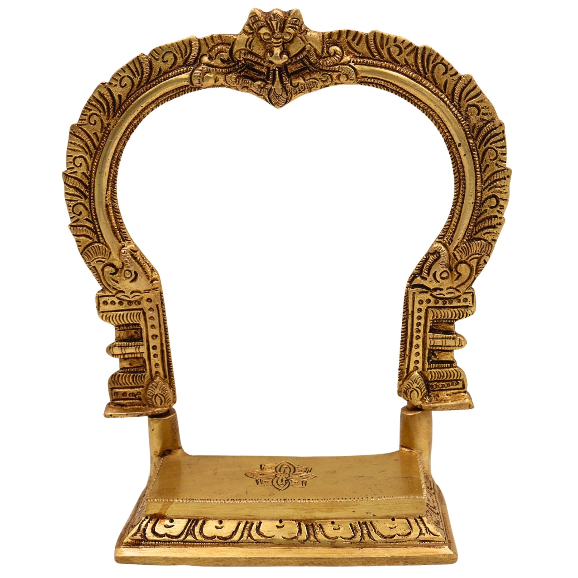 Brass Shinghashan Chowki with Prabhavali, Handmade Peetha, Singhasan, Bajot Stand for Temple, Deity Idol Frame, Mandir Decor, Gold, 8 Inch, 1 Piece