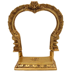 Brass Shinghashan Chowki with Prabhavali, Handmade Peetha, Singhasan, Bajot Stand for Temple, Deity Idol Frame, Mandir Decor, Gold, 8 Inch, 1 Piece