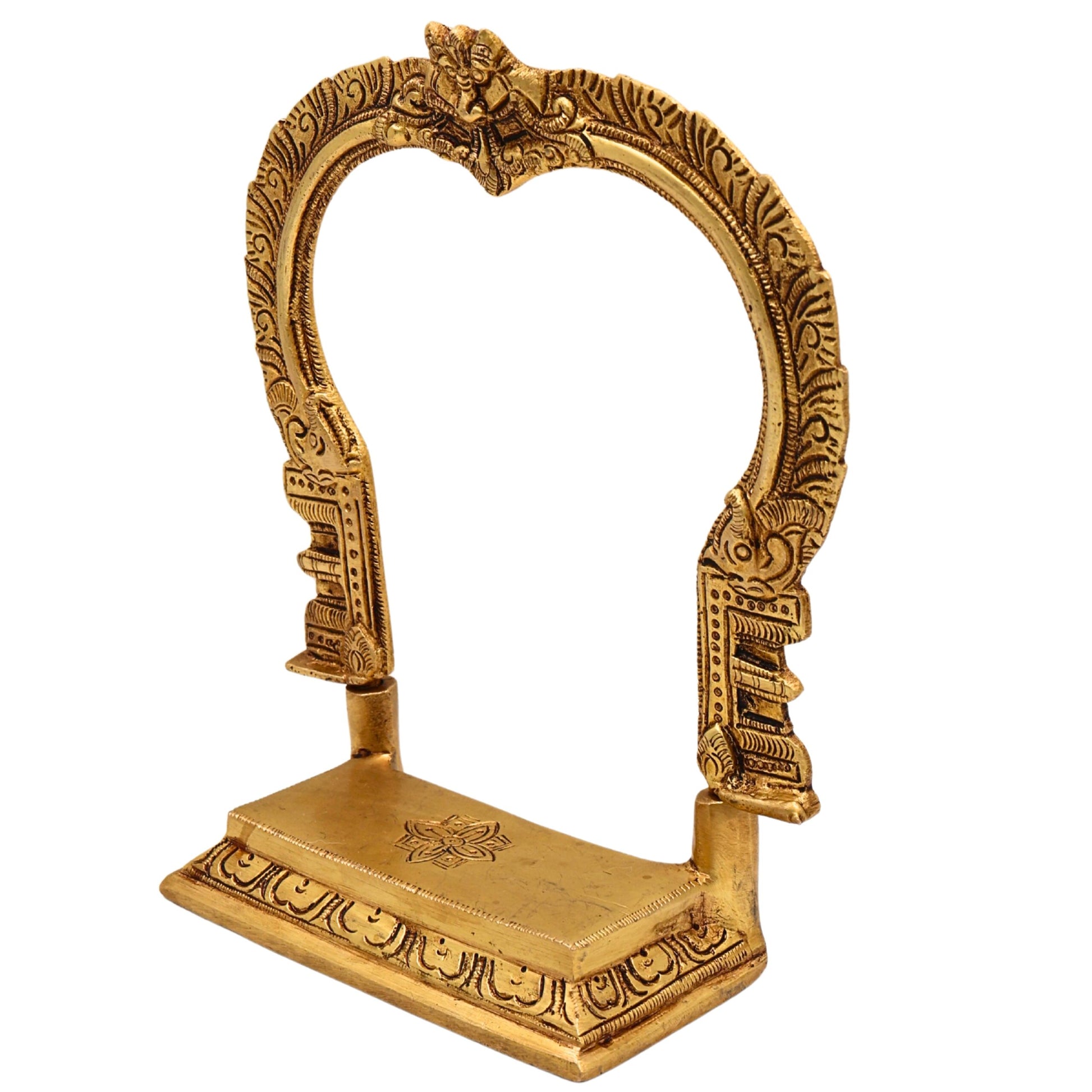 Brass Shinghashan Chowki with Prabhavali, Handmade Peetha, Singhasan, Bajot Stand for Temple, Deity Idol Frame, Mandir Decor, Gold, 8 Inch, 1 Piece