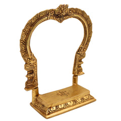 Brass Shinghashan Chowki with Prabhavali, Handmade Peetha, Singhasan, Bajot Stand for Temple, Deity Idol Frame, Mandir Decor, Gold, 8 Inch, 1 Piece