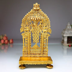 Brass Prabhavali Chowki, Singhasan Stand for Pooja Idols, Durable Brass Idol Seat for Mandir, Decorative Prabhavali Stand, Pooja Room Chowki for Temple Decor, Gold, 9.5 Inch, 1 Piece