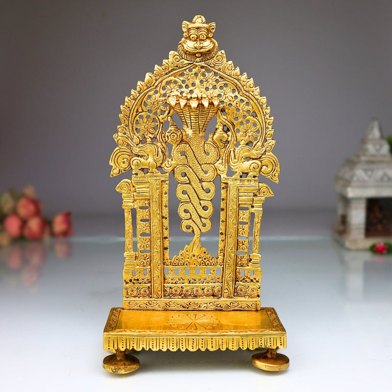 Brass Prabhavali Chowki, Singhasan Stand for Pooja Idols, Durable Brass Idol Seat for Mandir, Decorative Prabhavali Stand, Pooja Room Chowki for Temple Decor, Gold, 9.5 Inch, 1 Piece