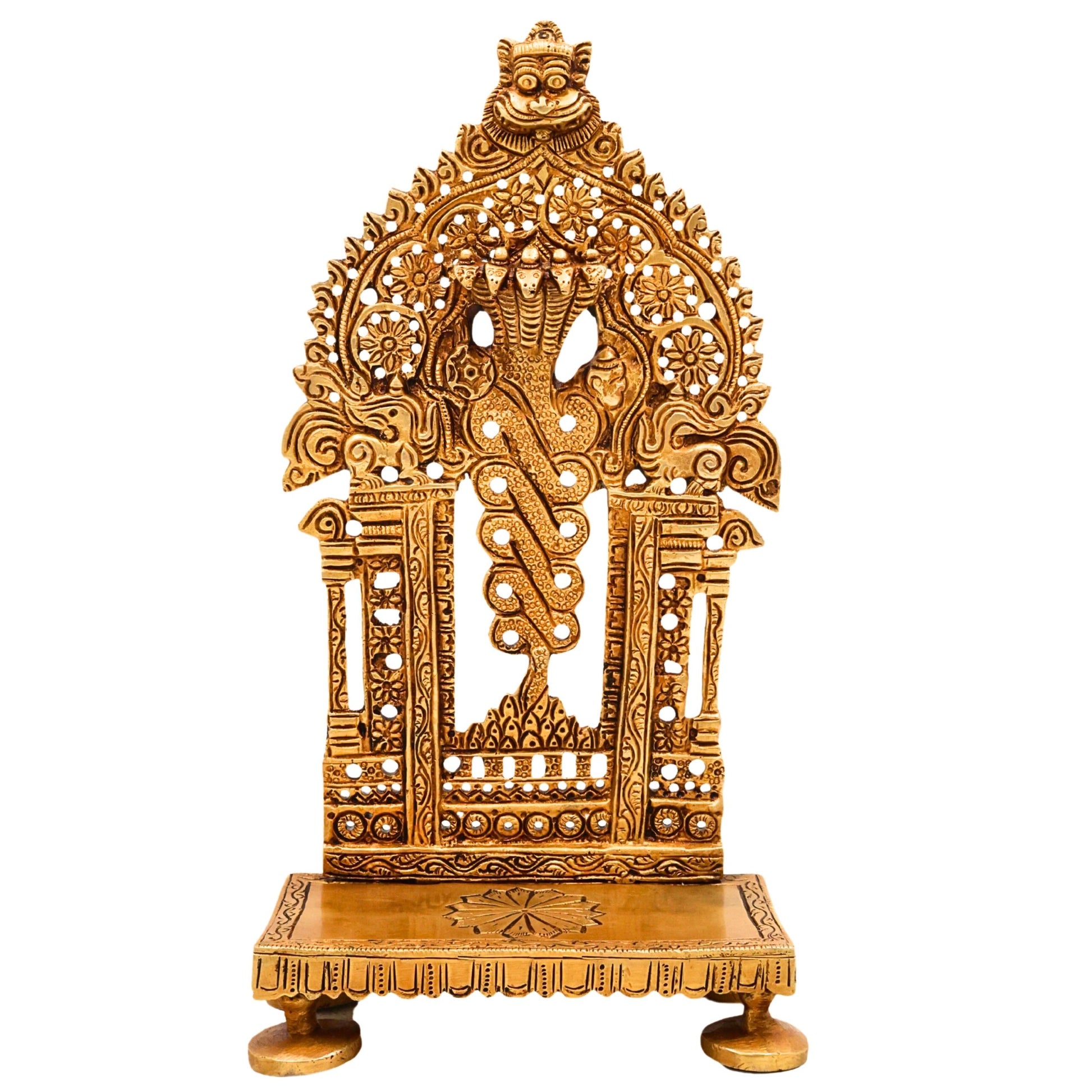 Brass Prabhavali Chowki, Singhasan Stand for Pooja Idols, Durable Brass Idol Seat for Mandir, Decorative Prabhavali Stand, Pooja Room Chowki for Temple Decor, Gold, 9.5 Inch, 1 Piece